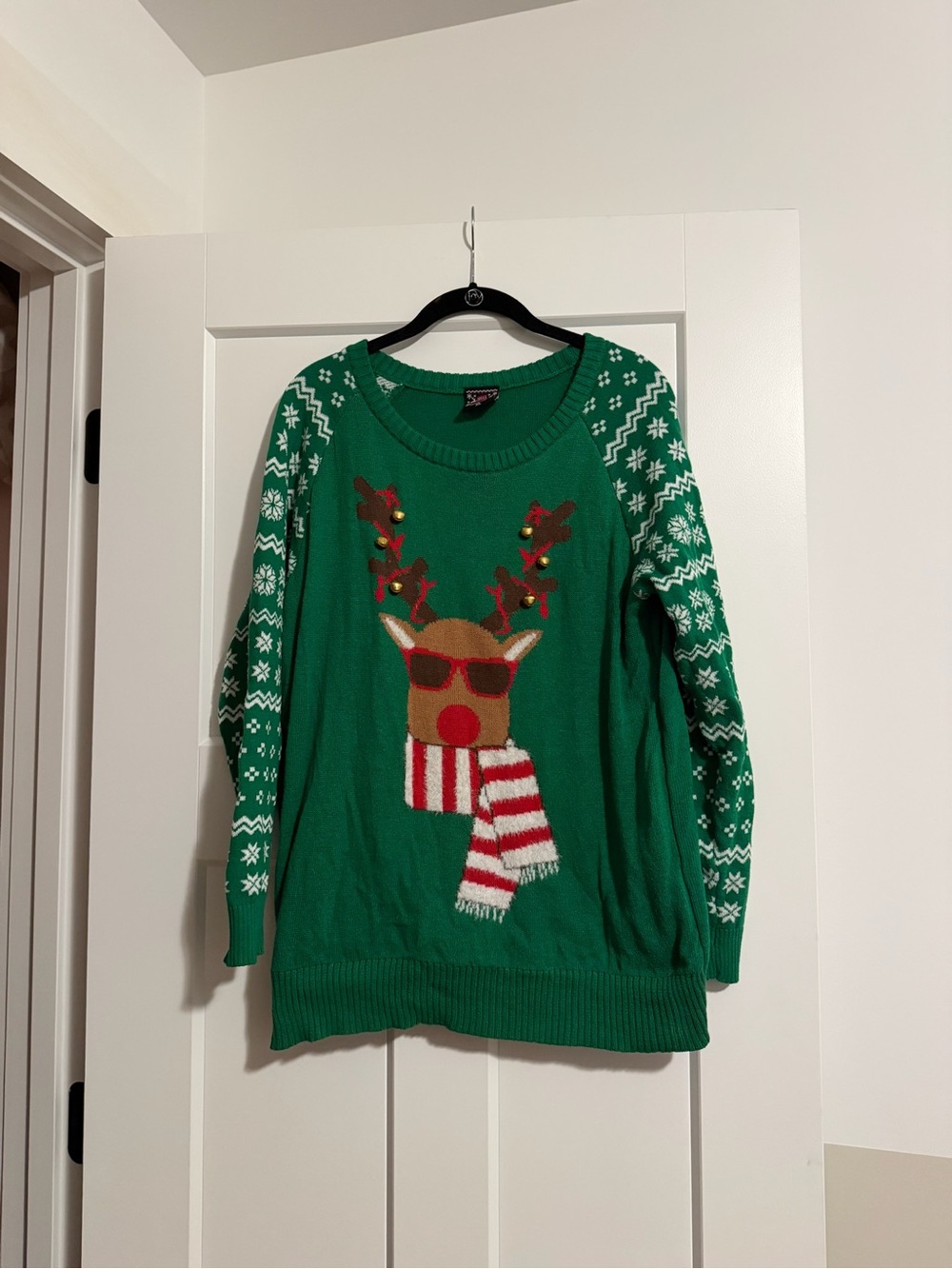 Well Worn Green Holiday Reindeer Crewneck Sweater with Red Accents